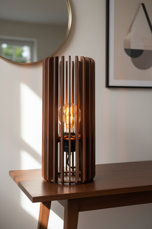 Close-up of walnut lamp as main focus