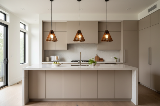 White oak Rhythm pendants over kitchen island