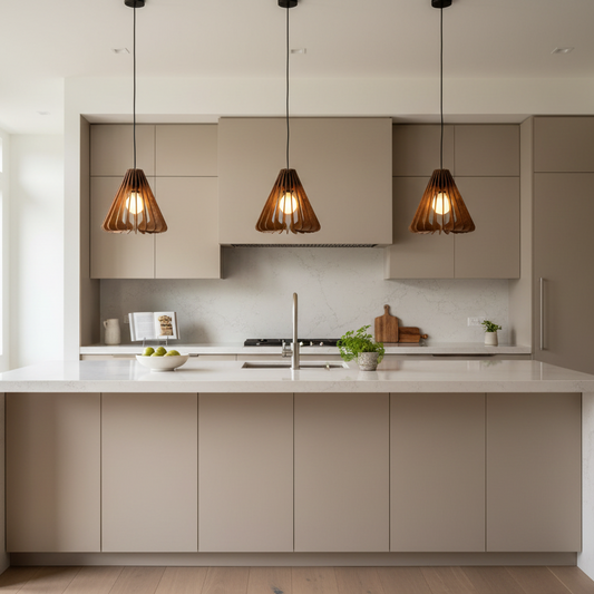 White oak Rhythm pendants over kitchen island
