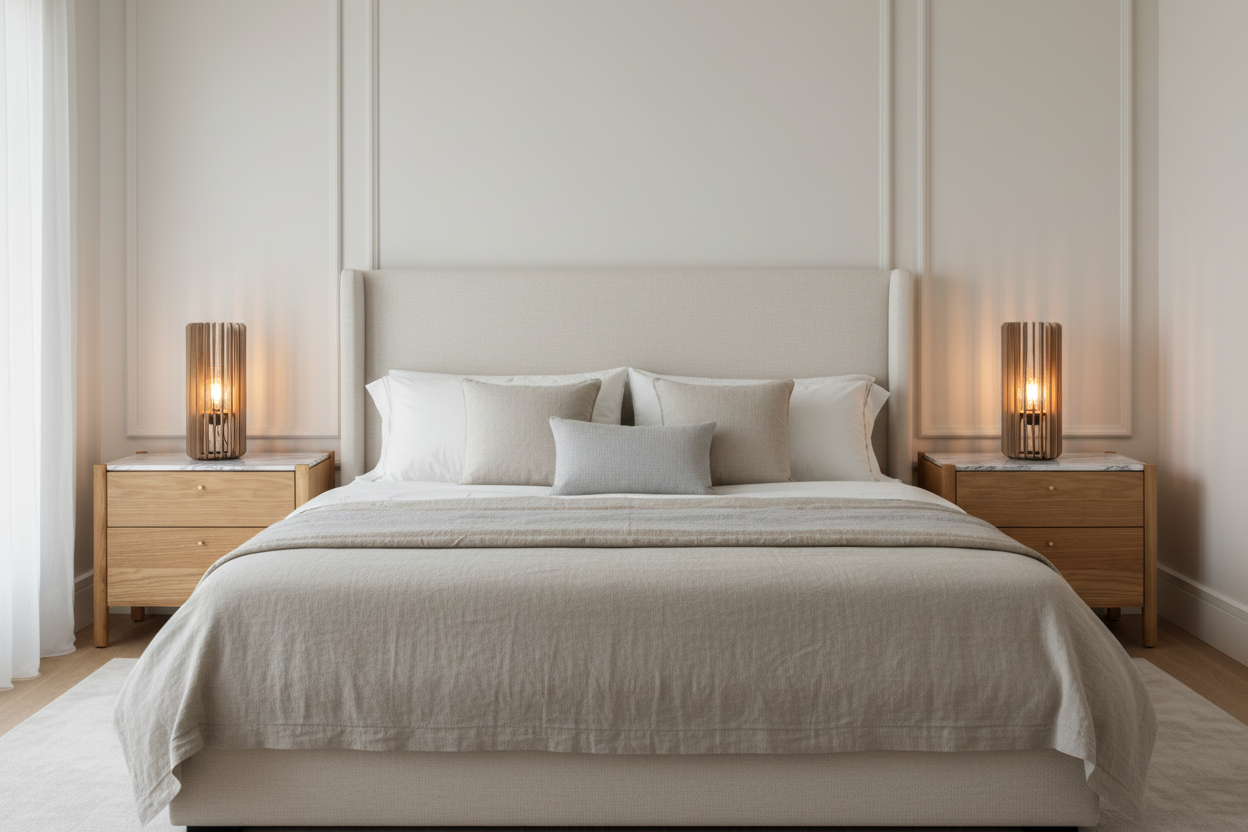 Bedroom with two lamps on wide white oak nightstands