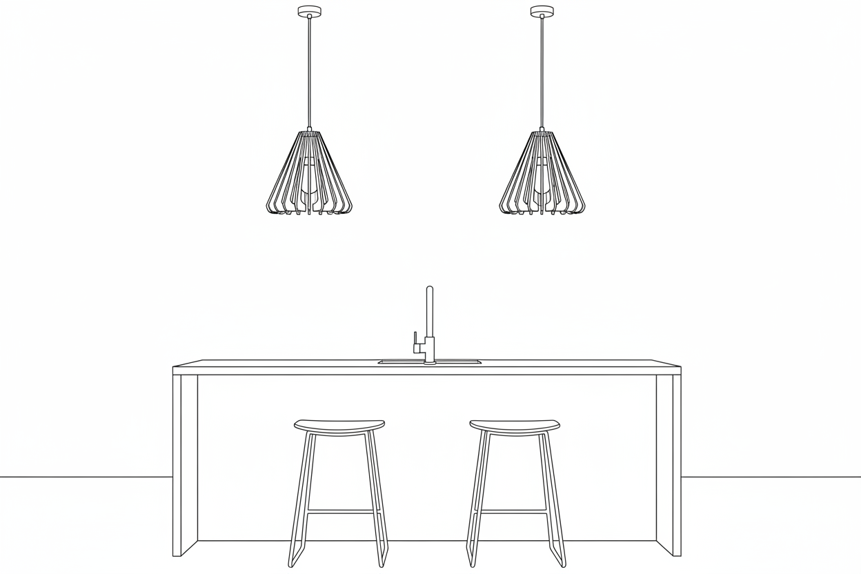 Kitchen scene with stools and faucet line drawing