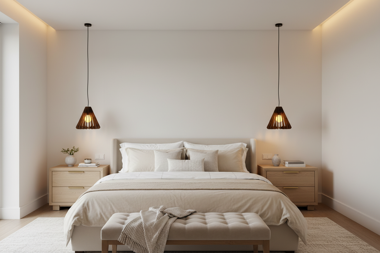 Small walnut Rhythm pendant between nightstands