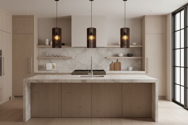 Three walnut Lattice pendants over kitchen island with sink
