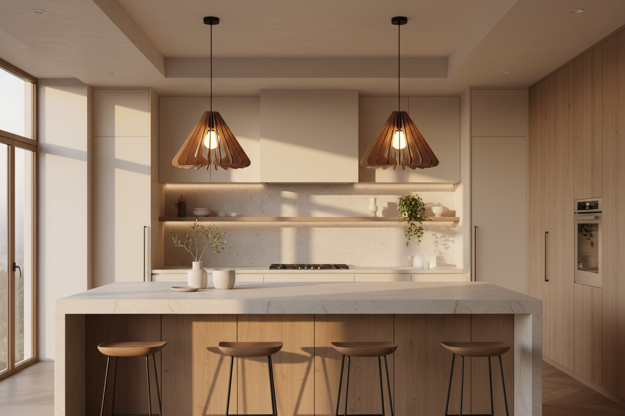 Two Rhythm Large white oak pendants over kitchen island