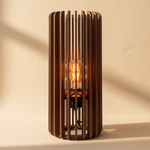 Walnut lattice table light with cream background 3