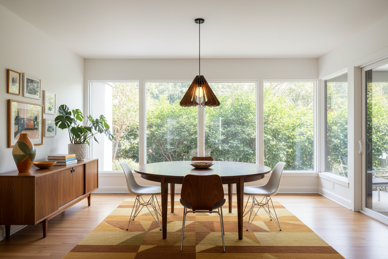 Walnut light fixture over larger table in mid-century modern space