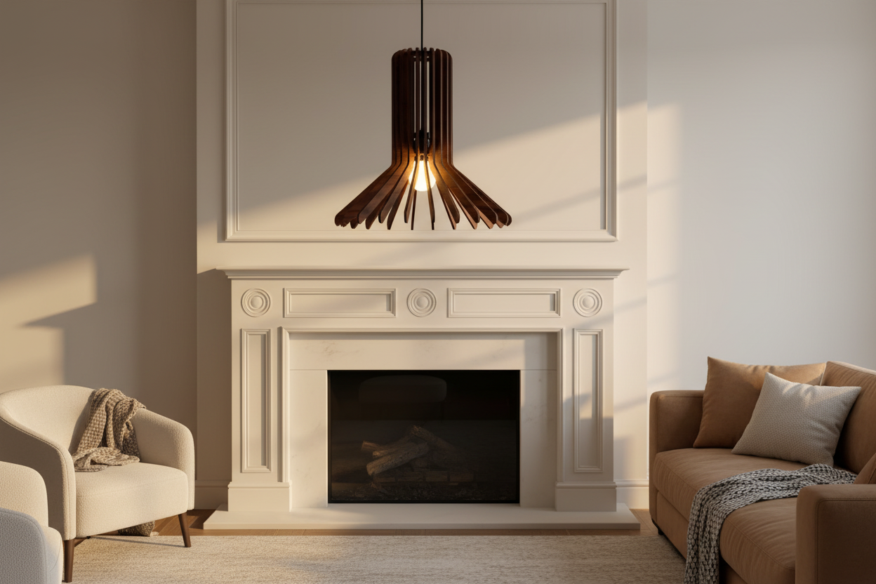 Walnut pendant light over fireplace without mirror
