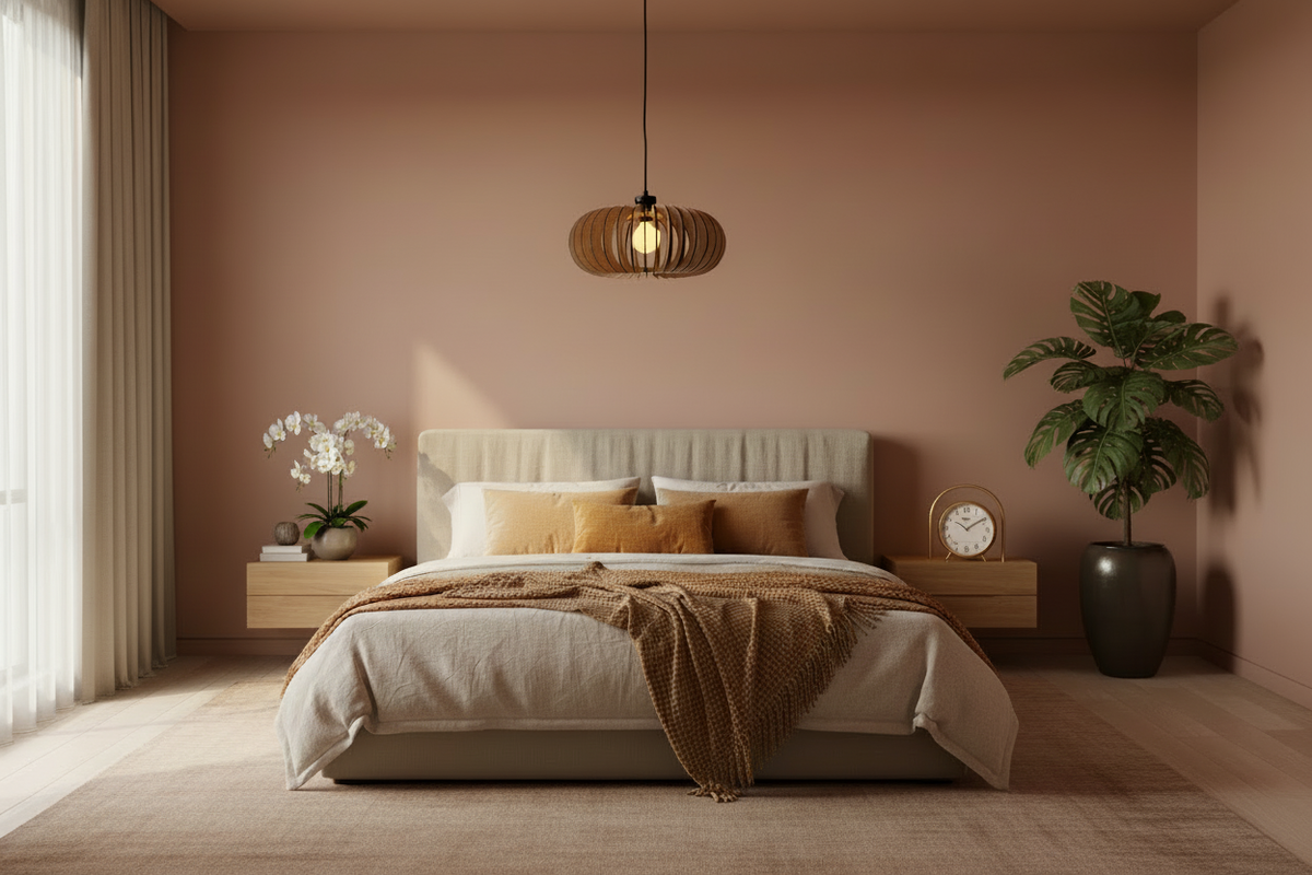 White Oak Band Pendant bedroom scene with orchid and realistic clock