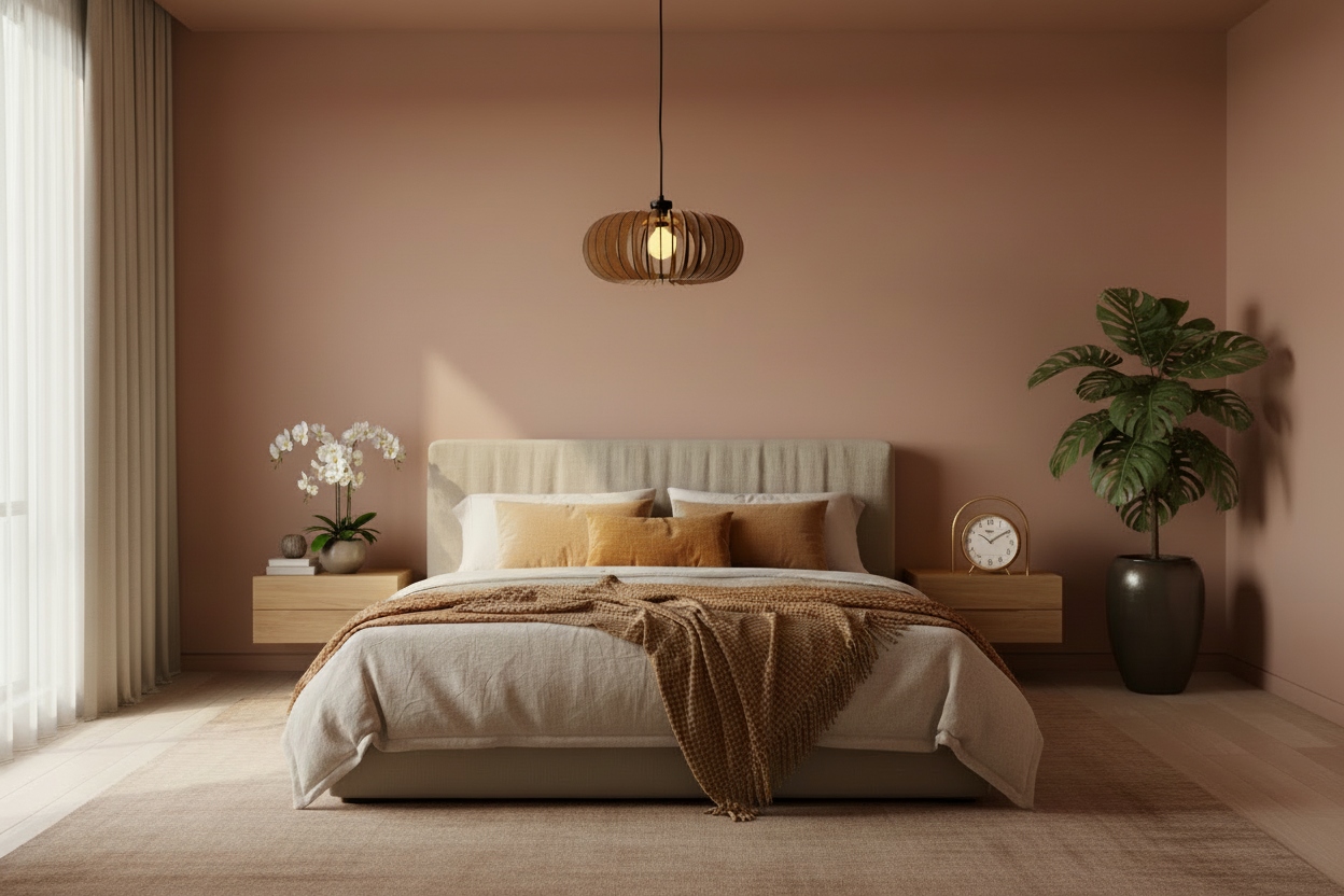 White Oak Band Pendant bedroom scene with orchid and realistic clock