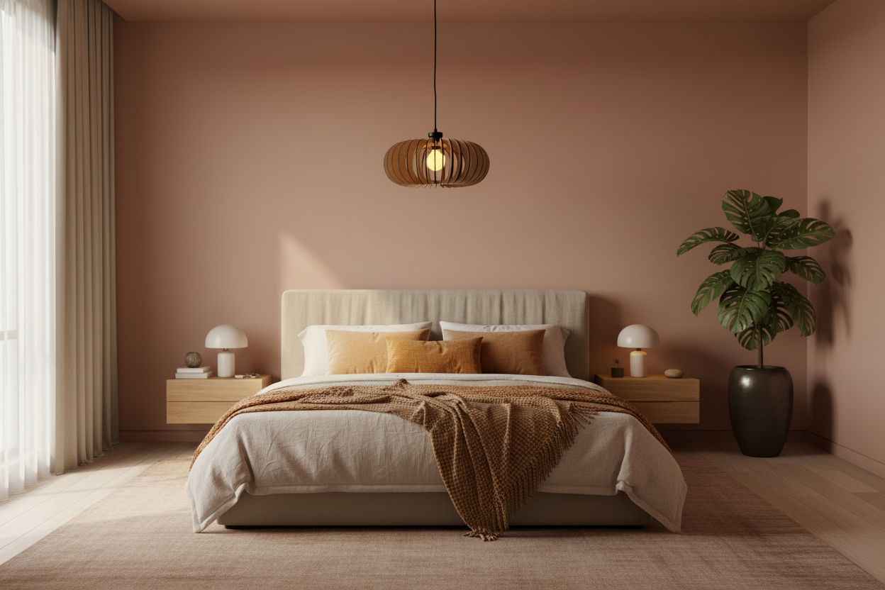 White oak Band pendant in warm bedroom setting