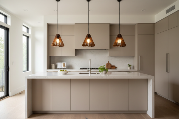 White oak Rhythm pendants over kitchen island