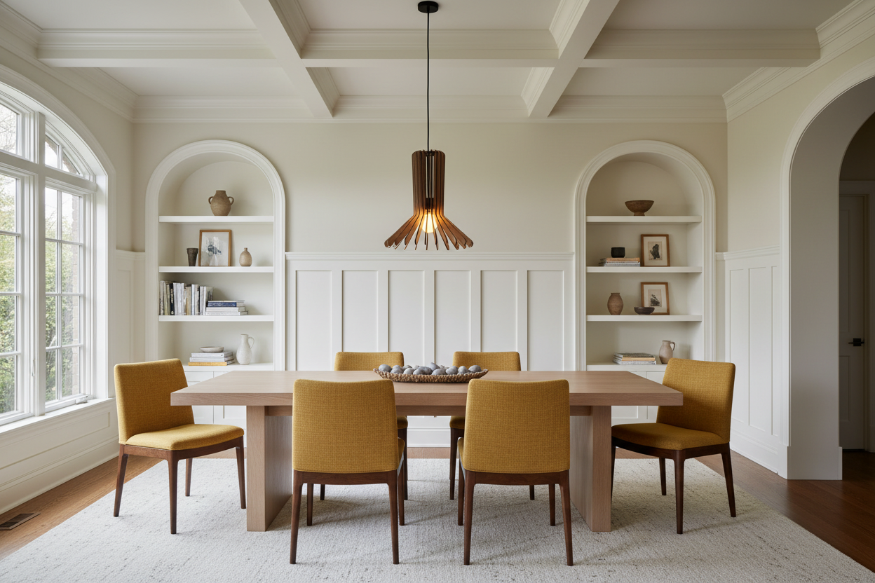 White oak Shade pendant in architectural dining room